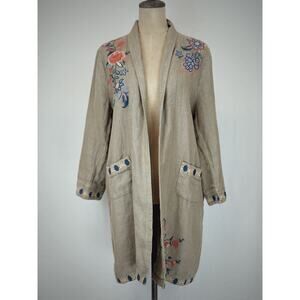 Johnny Was Khaki Embroidered Floral Kimono Jacket Womens LARGE #0206